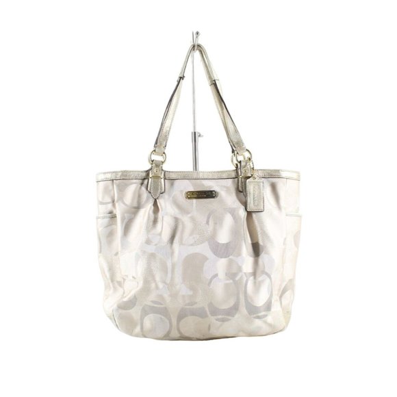 Coach Women's Gallery Optic Khaki Tan Gold Metallic Signature Jacquard Tote Bag - Picture 1 of 10